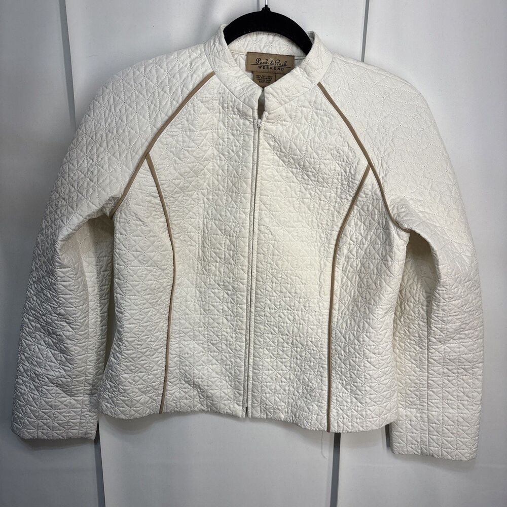 Peck & Peck Weekend Quilted Jacket Womens sz 4 ivory brown pocket light weight